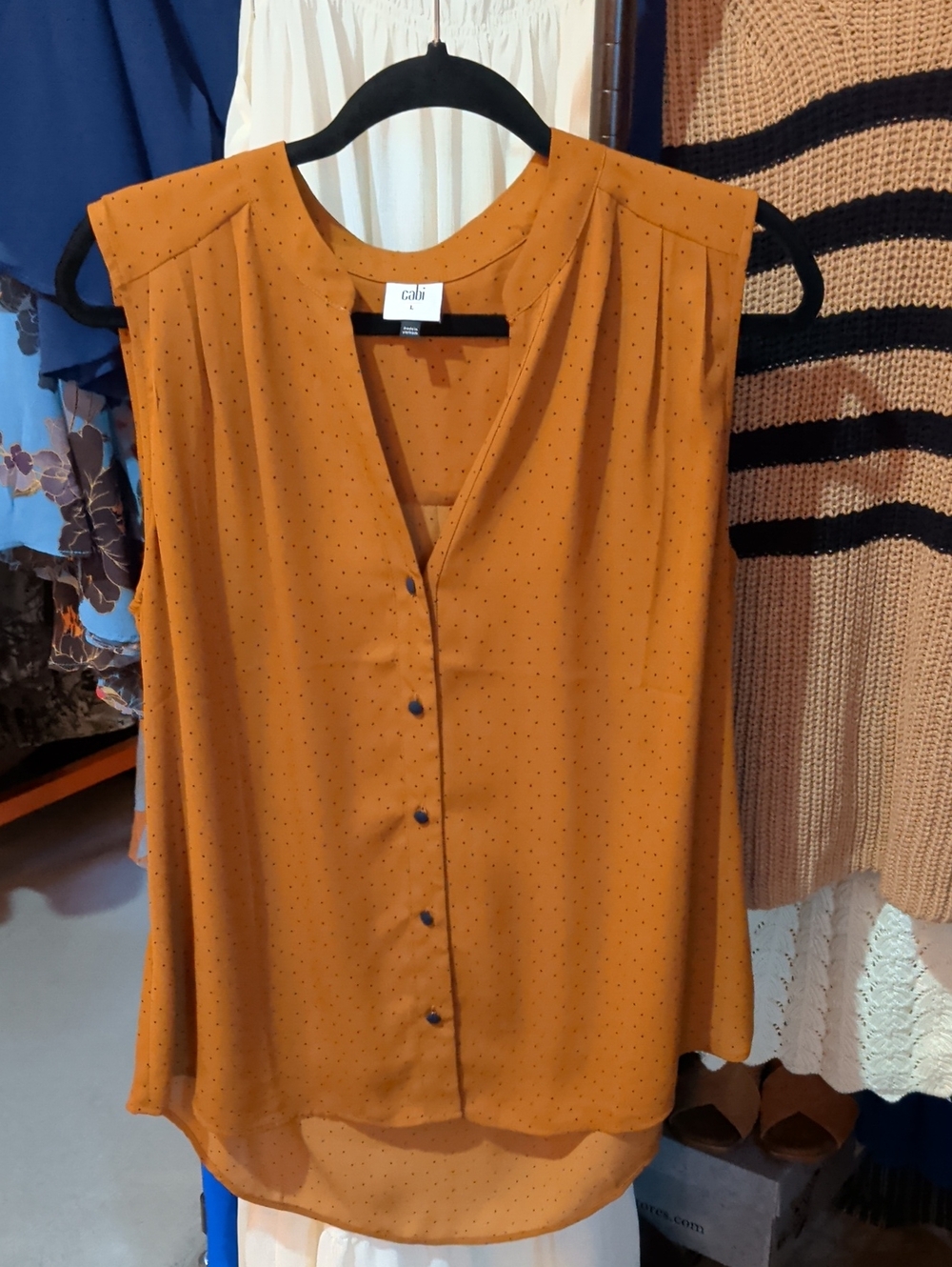 CAbi Sleeveless Button-Front Blouse in Mustard with Tiny Dot Print